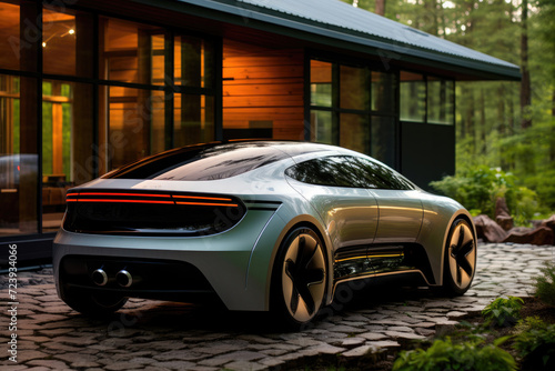 Electric car of the future stands near the house in the forest © Sunshine