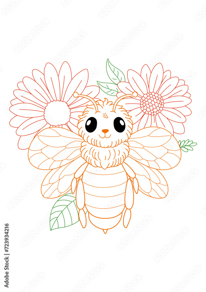 Bee with flowers, illustration, sketch, colorful, with transparent background, line art illustration. Idea for coloring picture, typography vector, print for t-shirt, Cards.
