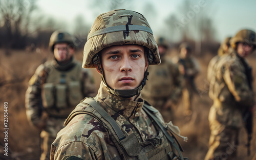 Portrait of a male soldier in military uniform with a helmet against the background other soldiers standing in the background.