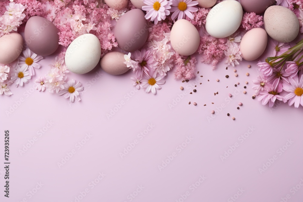 Easter eggs in pastel colors on soft pink background with flowers, top view, empty space for text