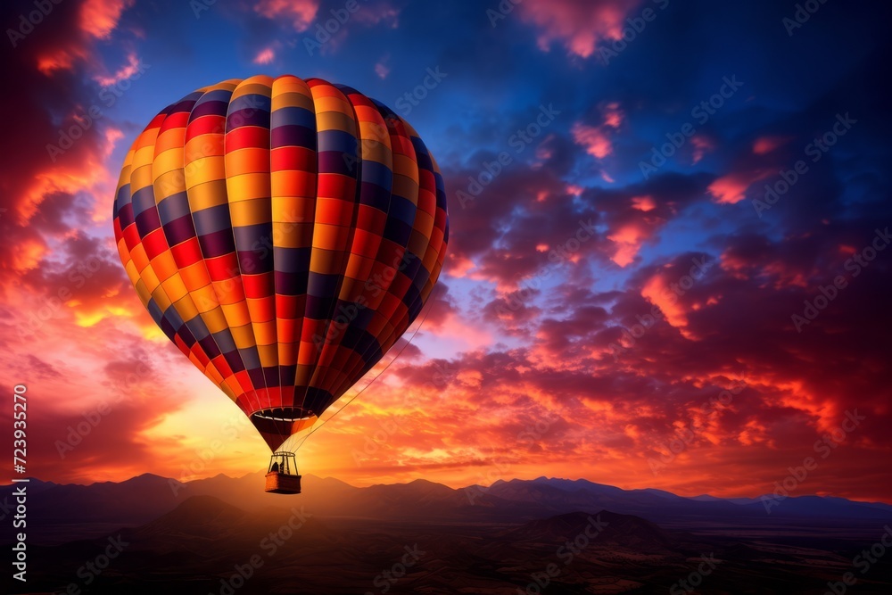 Against the sunset backdrop, the silhouette of a hot air balloon, wallpaper background Against the sunset backdrop, the silhouette of a hot air balloon, wallpaper background
