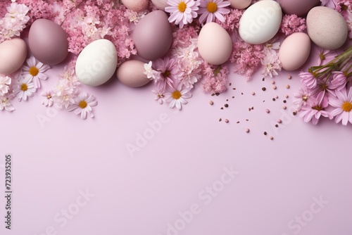 Easter eggs in pastel colors on soft pink background with flowers, top view, empty space for text