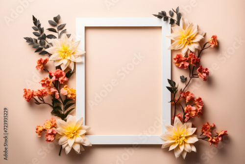 White empty frame surrounded by yellow, white and red flowers on a beige background. Birthday greeting card or mom's birthday card