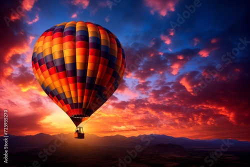 Against the sunset backdrop  the silhouette of a hot air balloon  wallpaper background