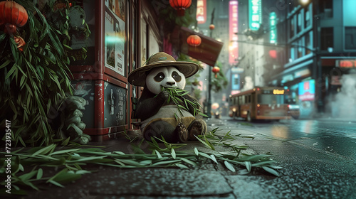 panda bear in a big city