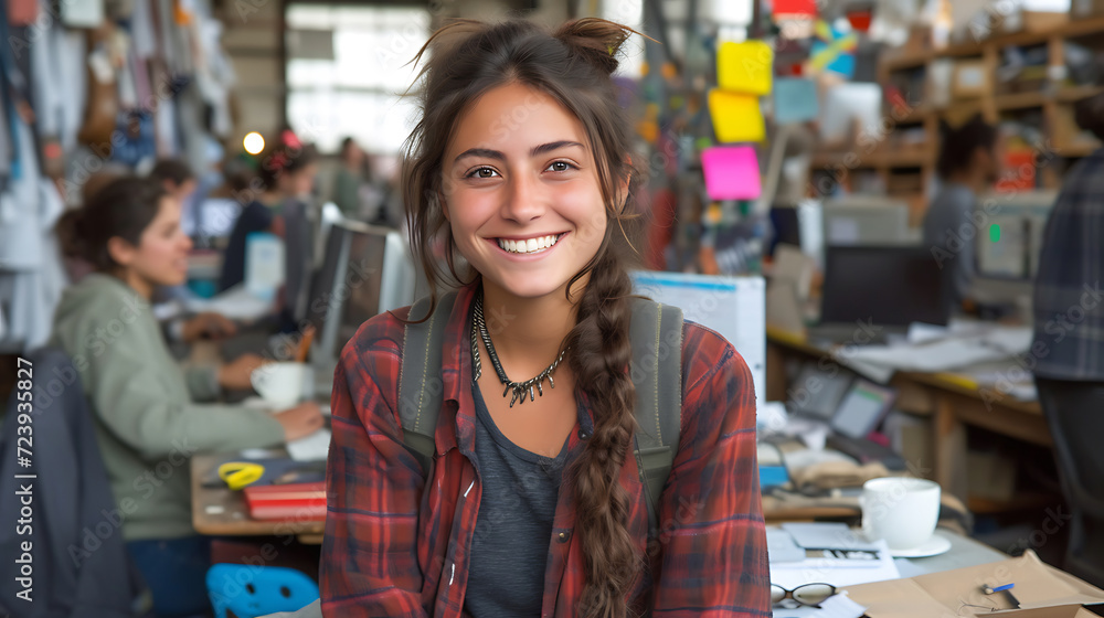Portrait female factory worker woman at work factory Happy beautiful young woman smiling and looking at camera Happy Young working woman stay at workshop room with worker team background