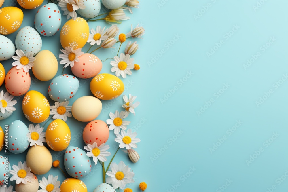Pastel easter eggs on blue and yellow backgrounds with flowers, top view, empty space for text Pastel easter eggs on blue and yellow backgrounds with flowers, top view, empty space for text