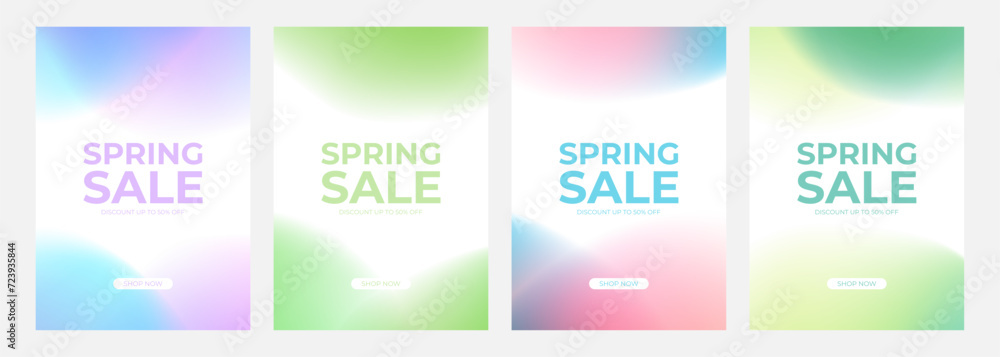 Spring Sale Set. Springtime season commercial backgrounds with light blurred color gradients for business, seasonal shopping promotion and sale advertising. Vector illustration.