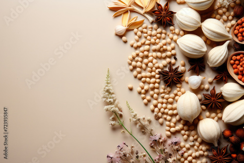Set of different spices on beige background with copy space