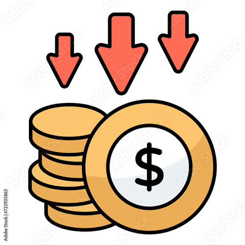 A colored design icon of dollar value down
