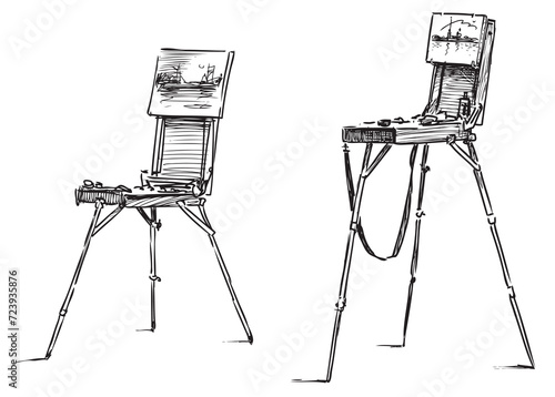 Hand drawing of two artistic easels, vector illustration isolated on white