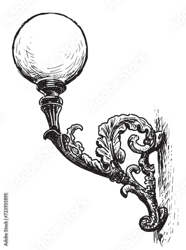 Hand drawing of vintage ornate sconce lamp with round lampshade, vector illustration isolated on white 