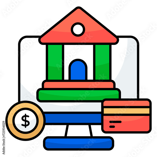 Bank building inside monitor, concept of online banking icon