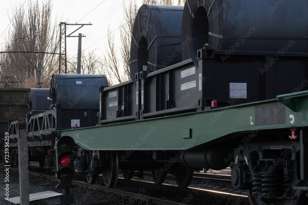 Rolled steel coil on on a freight train fixed Rolled steel coil on on a freight train fixed