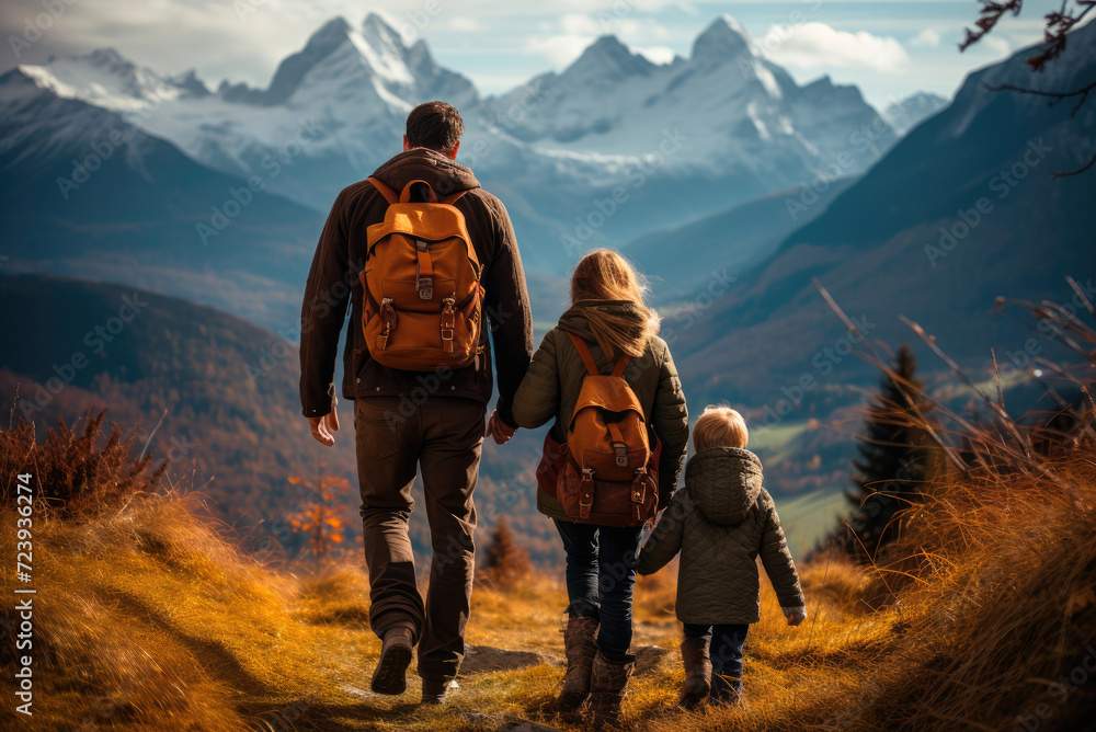 Father and his two children hiking in the mountains in autumn