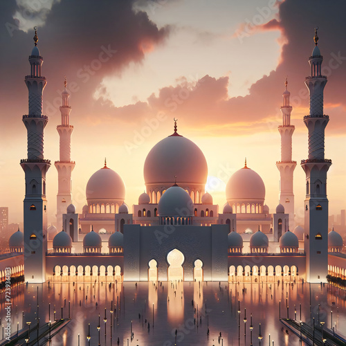 Beautiful Mosque in the Evening Light and Golden Hour Sunset
