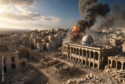 A destroyed city imagined by AI, resembling Gaza, Palestine