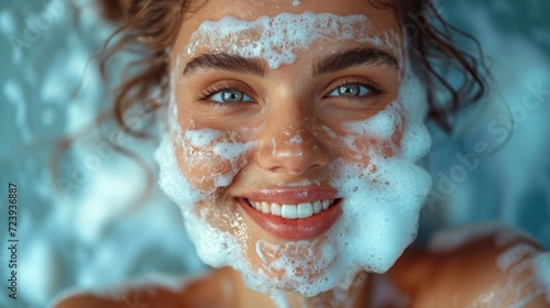 Funny portrait of a woman with shaving foam on her face. The girl removes her mustache and beard. Facial care concept. Cosmetic product for depilation. photo