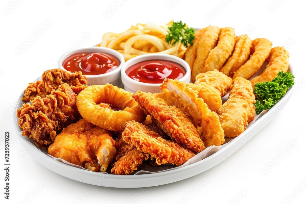 potato wedges, fried chicken, chicken wings, crispy onion rings, chicken tenders, red sauce on white background potato wedges, fried chicken, chicken wings, crispy onion rings, chicken tenders, red sauce on white background