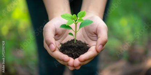 Small plant growing in hands symbolizing life growth and care, children planting trees image