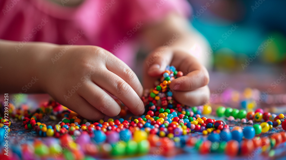 Child's hands creating a multicolor bead necklace or bracelet Child's hands creating a multicolor bead necklace or bracelet