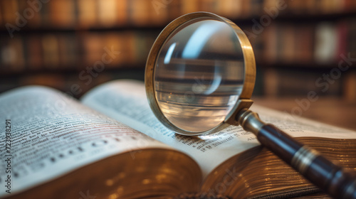Magnifying glass on a book in a scholarly setting. Concept of search and discovery photo
