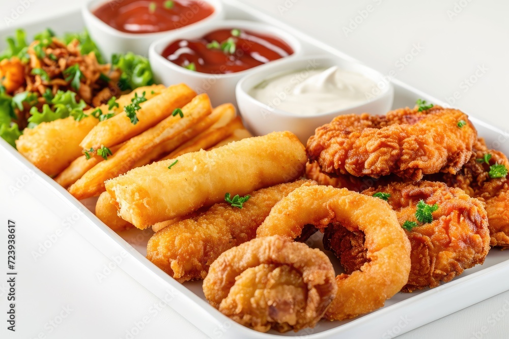 potato wedges, fried chicken, chicken wings, crispy onion rings, chicken tenders, red sauce on white background, mayonnaise potato wedges, fried chicken, chicken wings, crispy onion rings, chicken tenders, red sauce on white background, mayonnaise