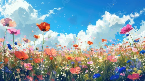 Illustration of a flower meadow in spring. 