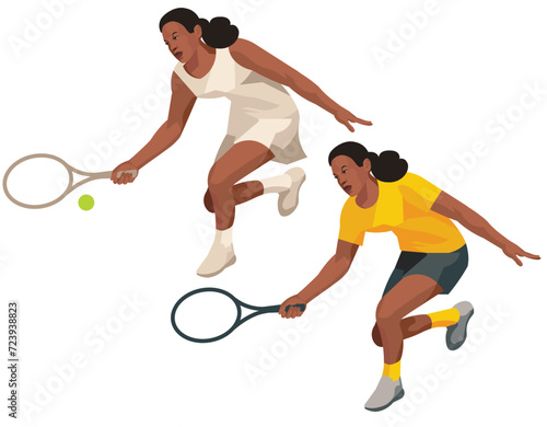 Nigerian women's tennis player in yellow sports uniform and white dress who bent down to hit the ball with a racket at a female tournament © ivnas