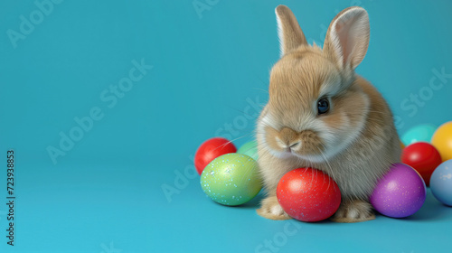 Happy easter bunny rabbit with eggs on a blue background, text space © Виктория Марьенко