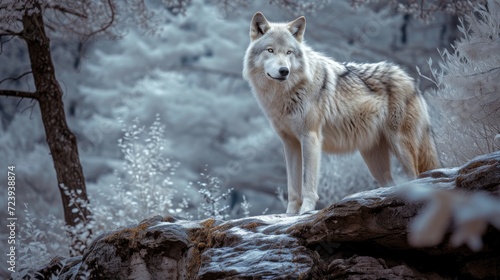 In a snowy forest, a majestic grey wolf stands tall on a rocky ledge, its piercing gaze fixed on its surroundings, infrared photography, van gogh style, 