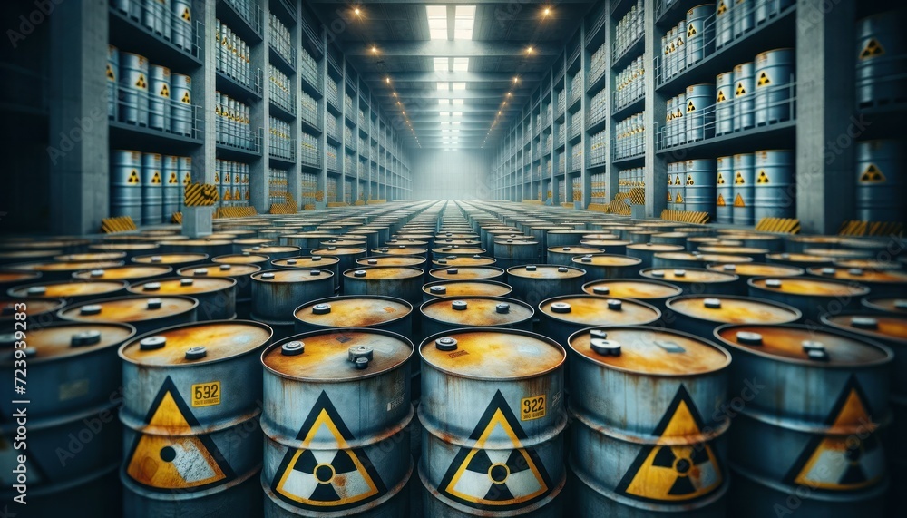 Problem of nuclear waste storage - barrels of radioactive material, marked with hazard symbols, within a secured industrial facility - obrazy, fototapety, plakaty 