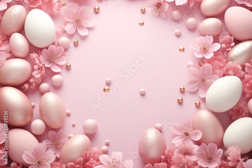 Pastel easter eggs on soft pink background with flowers, top view, empty space for text