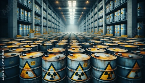 Problem of nuclear waste storage - barrels of radioactive material, marked with hazard symbols, within a secured industrial facility photo