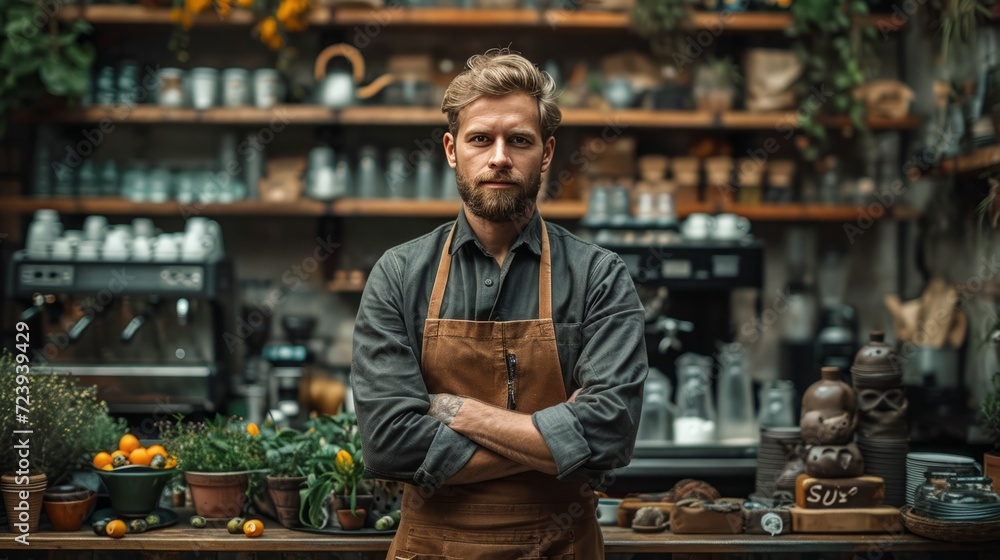 Fototapeta premium A confident bearded man barista standing in a trendy coffee shop