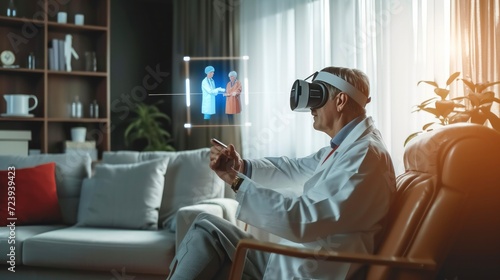 using virtual reality at home for a doctor's examination, a 3D hologram of a doctor and medical equipment appearing in his living room photo