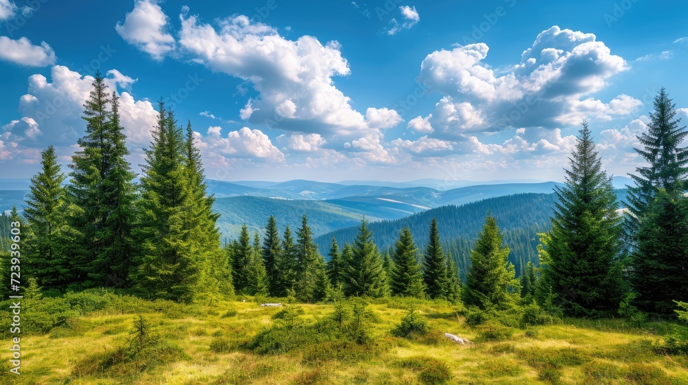 Magnificent panoramic view the coniferous forest on the mighty Carpathians Mountains and beautiful blue sky background. Beauty of wild virgin Ukrainian nature.  