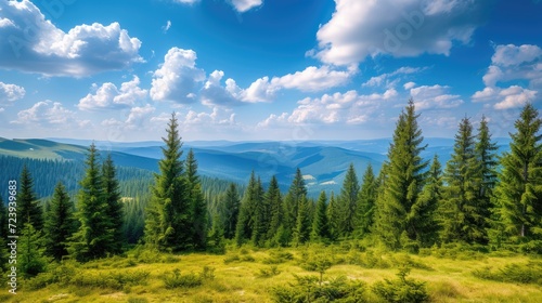 Magnificent panoramic view the coniferous forest on the mighty Carpathians Mountains and beautiful blue sky background. Beauty of wild virgin Ukrainian nature. Peacefulness 