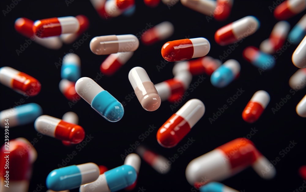Colorful pills falling on black background