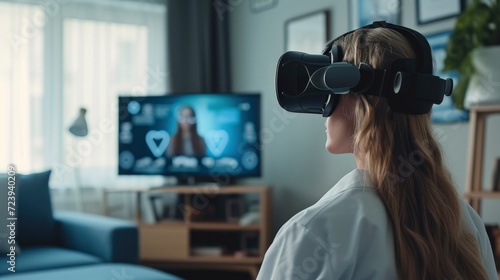 Woman receiving healthcare advice from a medical professional through a virtual reality headset