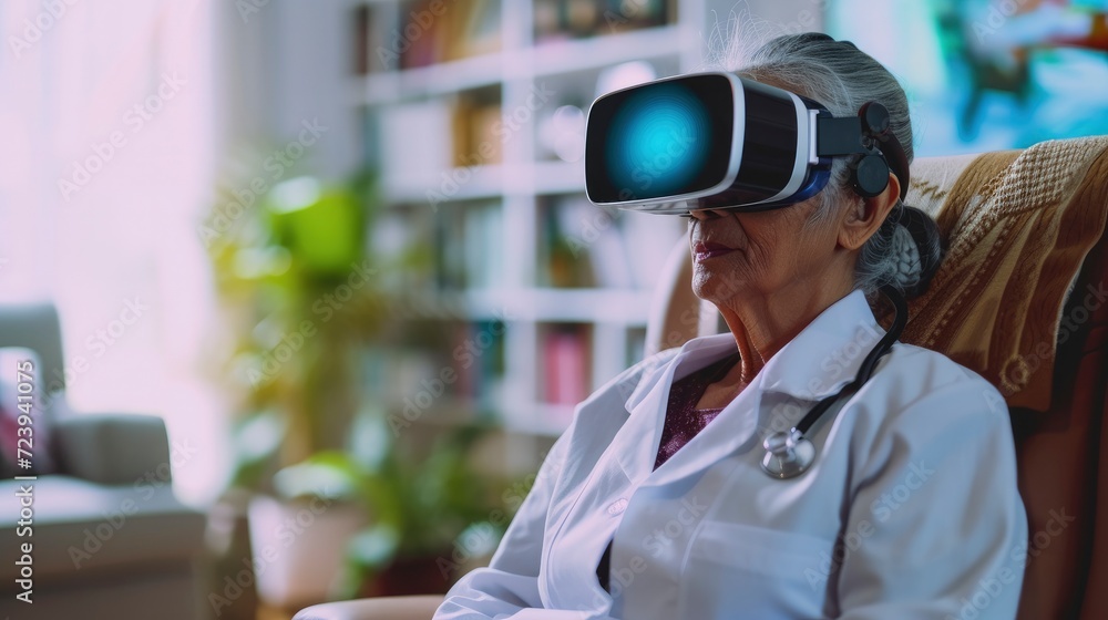 using virtual reality at home for a doctor's examination, a 3D hologram of a doctor and medical equipment appearing in his living room using virtual reality at home for a doctor's examination, a 3D hologram of a doctor and medical equipment appearing in his living room