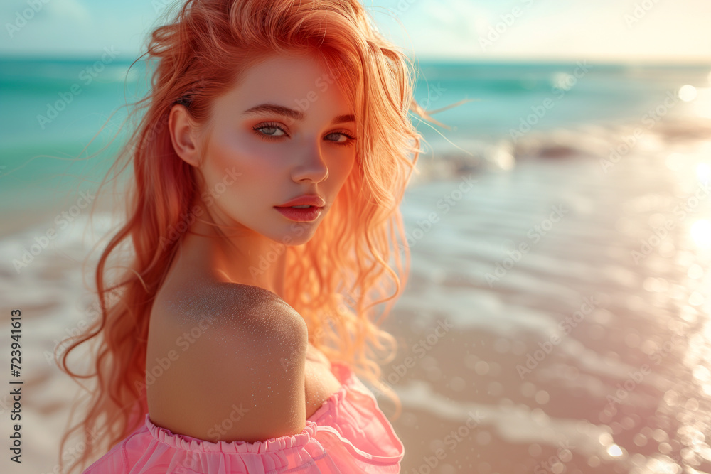 attractive red hair woman at tropical beach