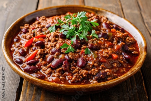 tray of Beef chili con carne on wooden table