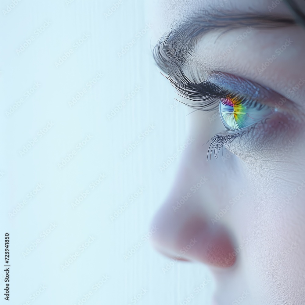 Fototapeta premium A close-up of a woman's eye with a rainbow reflection