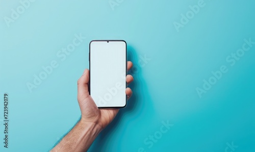 crop photo of hand carrying android, clear screen for mockup. calm blue background.