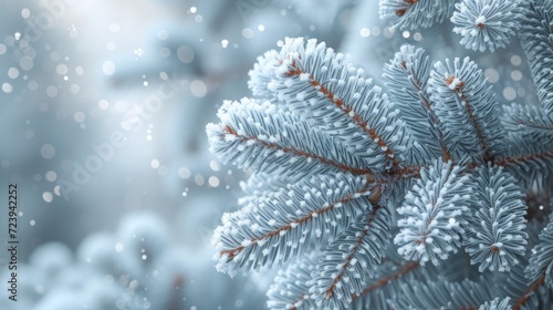 Close-up of snow-covered fir tree branches against blurred background