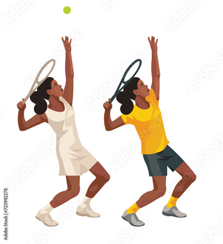 Two girl figures of a standing African women's tennis player on the court in yellow and white uniform serving the ball at a set