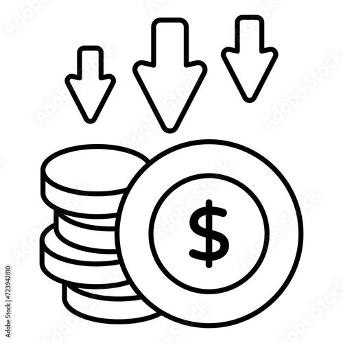 A colored design icon of dollar value down