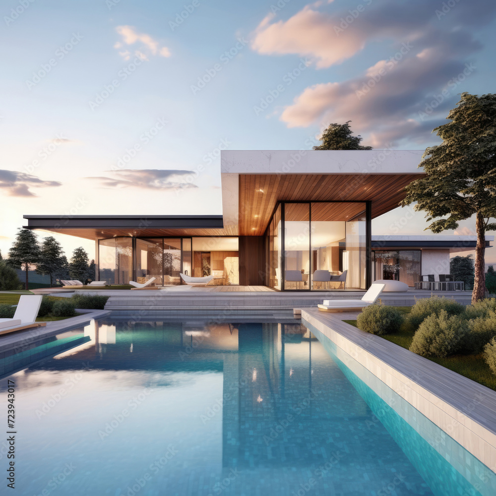 modern house with panoramic windows, minimalist style, swimming pool near the house