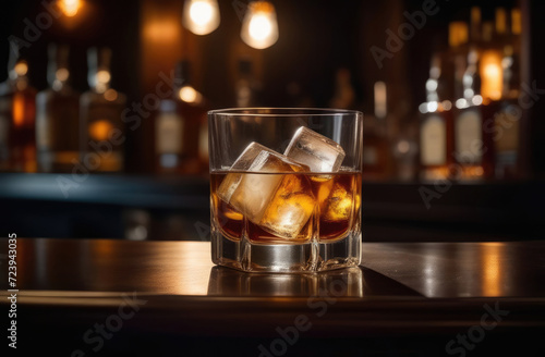 Whiskey on the rocks with ice in a glass on a bar counter